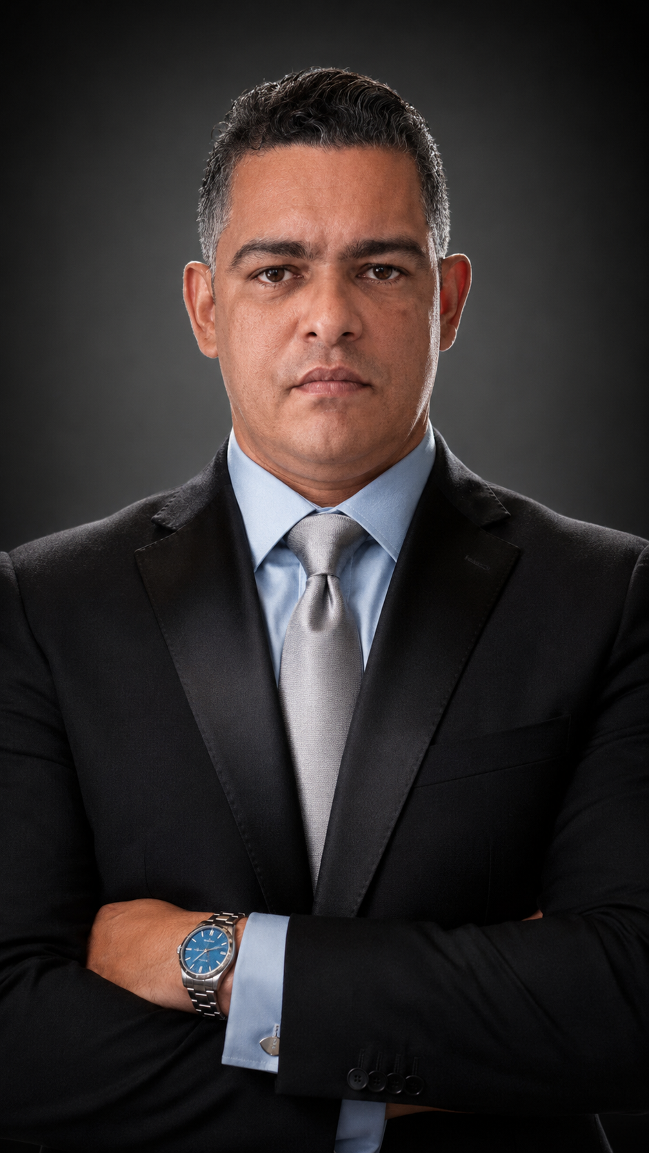 Dr. Fábio Corrêa de braços cruzados em postura confiante e firme, expressão comprometida