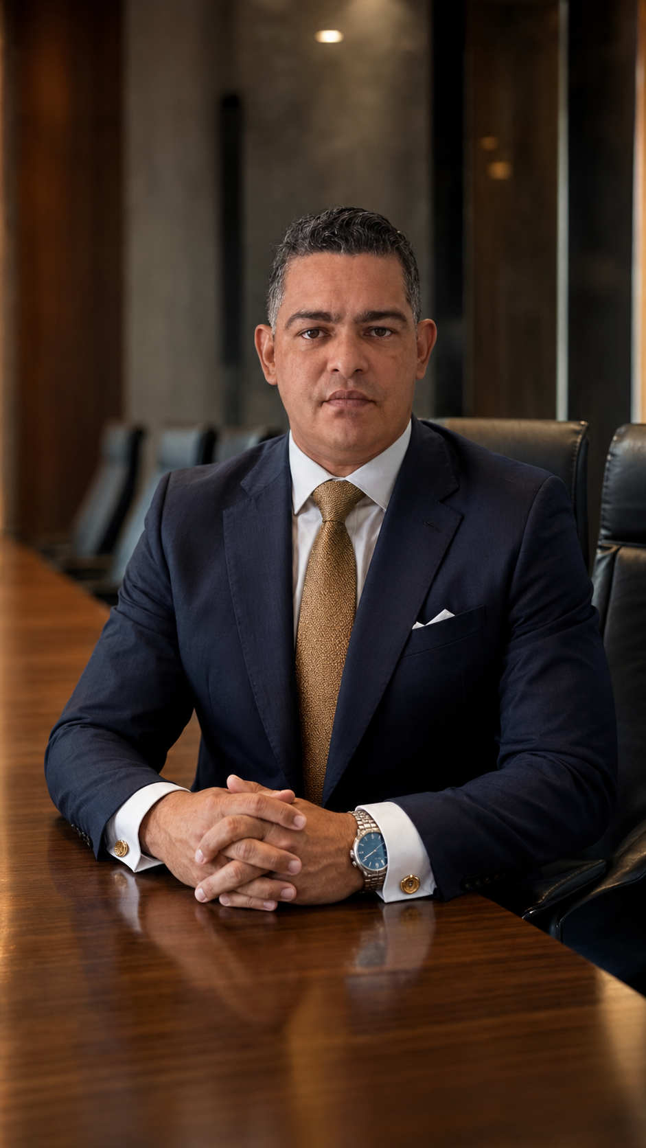 Dr. Fábio Corrêa à mesa de reunião, mãos unidas, postura de escuta ativa e estratégia