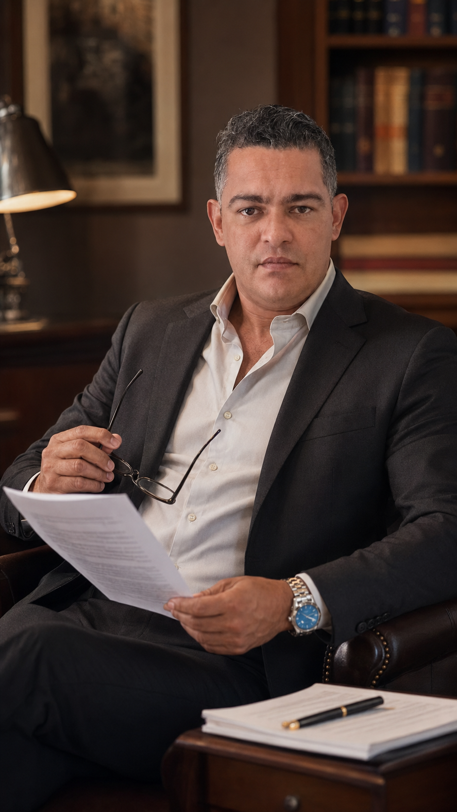 Dr. Fábio Corrêa sentado em escritório com estantes de livros ao fundo, postura humanizada e atenciosa